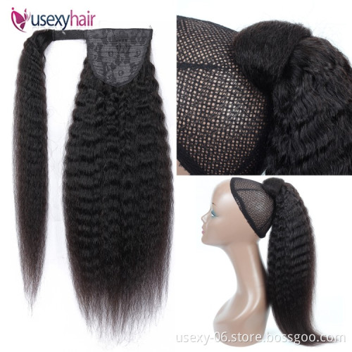 Wholesale Wrap Around Ponytail Straight Curly Body wave Human Hair Drawstring Ponytail Extension